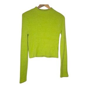 By Anthropologie Neon Lime Green Mock Neck Long Sleeve Fuzzy Sweater Medium